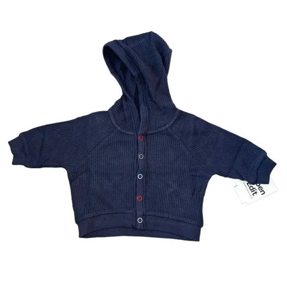 Open Edit Thermal Knit Snap Up Cotton Hoodie in Navy Charcoal NEW Infant - Picture 1 of 7